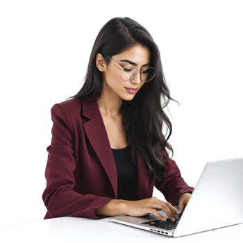 A woman in a business suit is typing on a laptop png