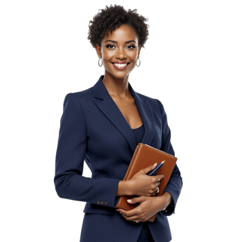 A smiling african american woman in a business suit holding a folder png