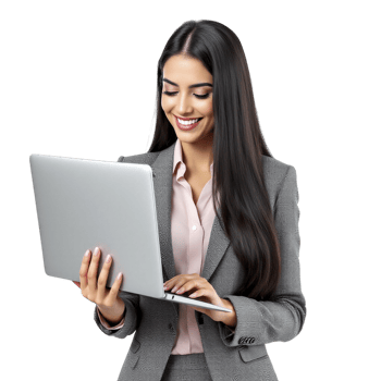 A woman in a business suit is holding a laptop png