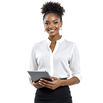 A smiling black woman holding a tablet computer png