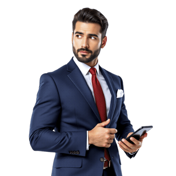 A man in a suit holding a cell phone png
