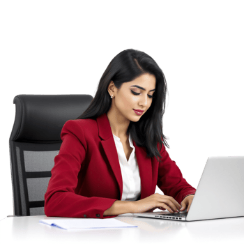 A woman in a business suit sitting at a desk with a laptop png