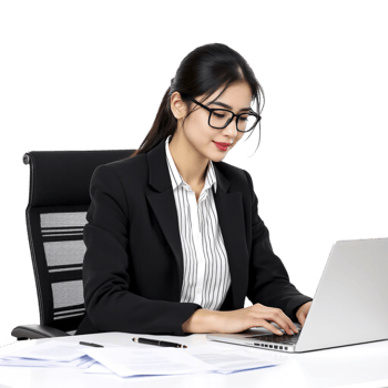A woman in a business suit is working on a laptop png