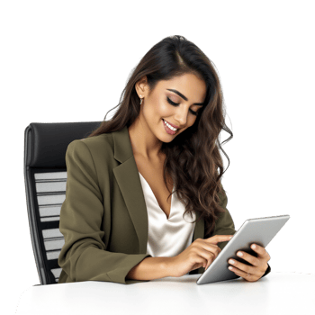 A woman in a business suit is using a tablet computer png