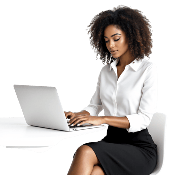 A woman in a business suit sitting at a table with a laptop png