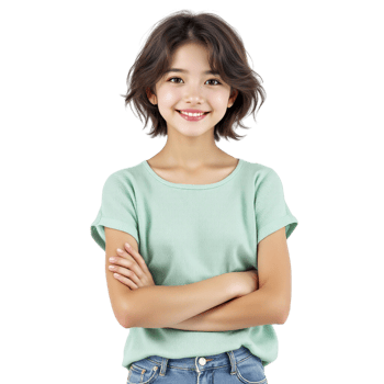 A young girl in a green shirt and jeans png