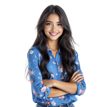 A beautiful young woman with long hair in a floral shirt png