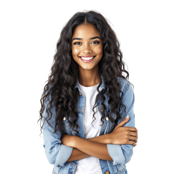 A young woman with long curly hair smiling png
