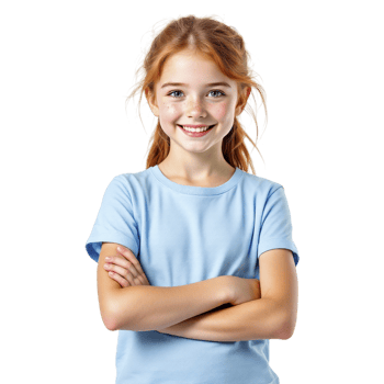 A young girl in a blue shirt is smiling png