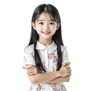 A little girl with long black hair and a white shirt png