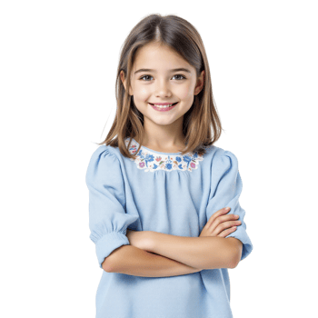 A little girl in a blue shirt posing for the camera png