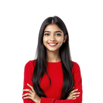 A young woman in a red shirt smiling png