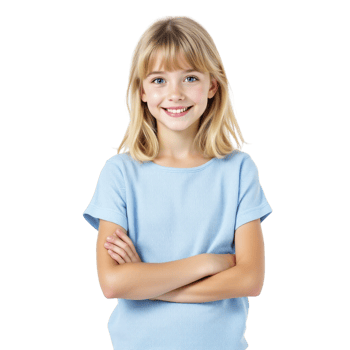 A young girl in a blue shirt is smiling png