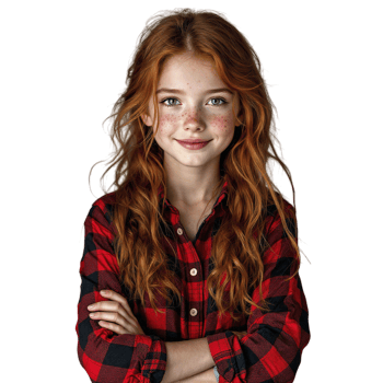 A young girl with red hair and a plaid shirt png