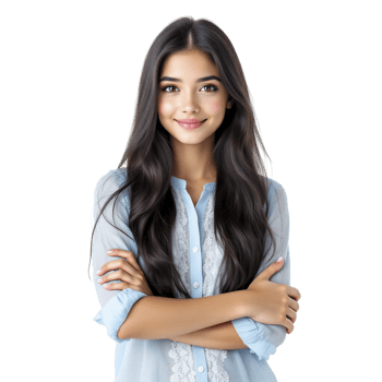 A beautiful young woman with long hair and a blue shirt png