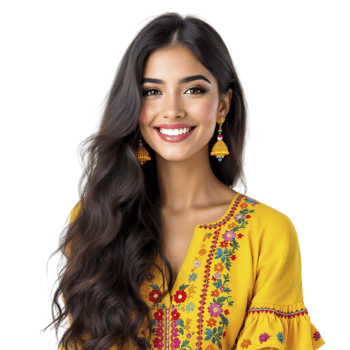 A woman in yellow embroidered blouse smiling png
