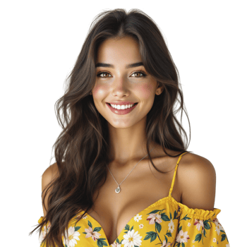 A woman in a yellow floral dress smiling png