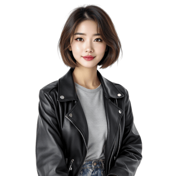 An asian woman wearing a black leather jacket png