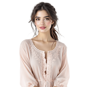 The model is wearing a pink blouse with lace png