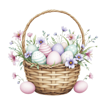 Easter basket with eggs and flowers png