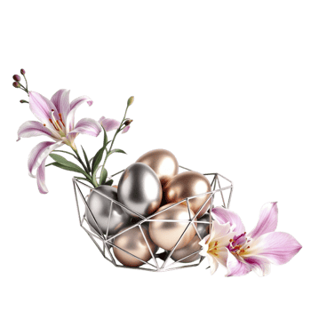 Easter eggs in a basket with lilies on black background png
