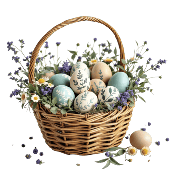 Easter eggs in a basket with flowers and leaves png