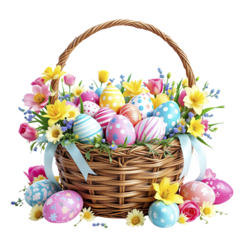 Easter eggs in a basket with flowers and leaves png