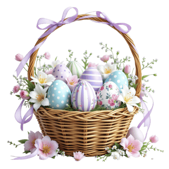 Easter eggs in a basket with flowers and ribbons png