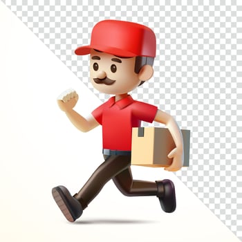 Delivery man running while carrying parcel box, 3d. Suitable for business and design elements vector