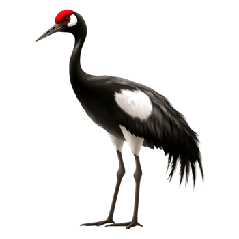 Elegant black and white crane with a red crown standing tall png