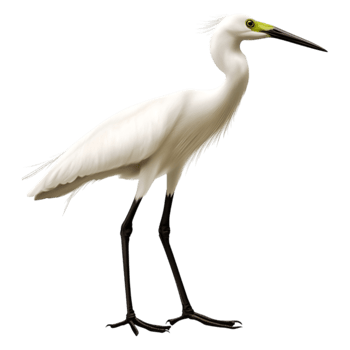 Elegant White Bird Standing Tall with Sharp Yellow Beak and Long Legs png