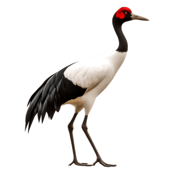 Elegant Black and White Crane with a Red Crown Standing Gracefully png