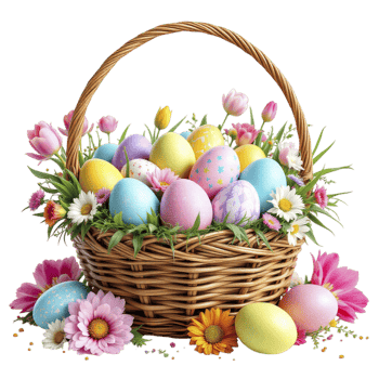 Easter eggs in a basket with flowers and daisies png