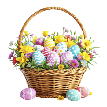 Easter eggs in basket with flowers and flowers png