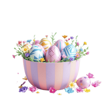 Easter eggs in a striped bowl with flowers png