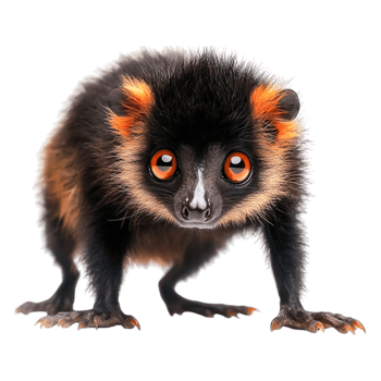 Cute small creature with bright orange eyes and fluffy black fur png