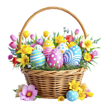 Easter eggs in a basket with flowers and tulips png