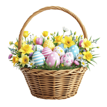 Easter basket with colorful eggs and flowers png