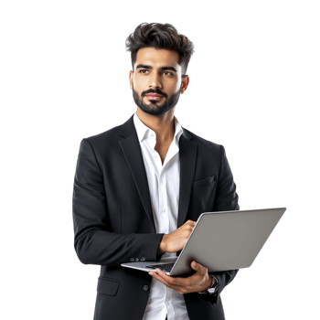 A young man in a suit holding a laptop png