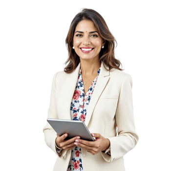 A woman in a business suit holding a tablet png