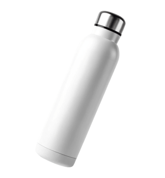 White stainless steel water bottle with sleek design and silver cap. Perfect for hydration on go png