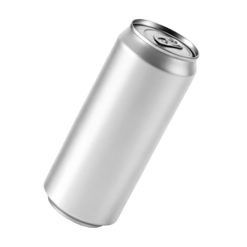 blank aluminum can, tilted, showcasing its sleek design and metallic finish png