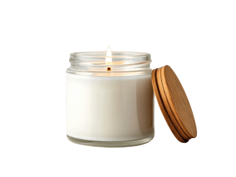 scented candle in glass jar with wooden lid, creating warm ambiance png