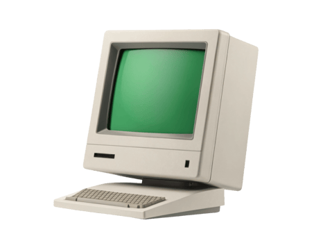 Vintage computer with green screen and keyboard, showcasing retro technology png
