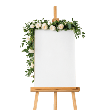 blank canvas on easel adorned with white roses and greenery, perfect for artistic displays png