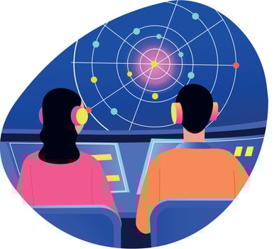 A flat style illustration of two character monitoring atomic collision vector