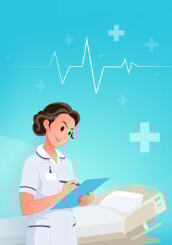 Medical theme vertical edition illustrated cartoon female nurse and hospital bed vector