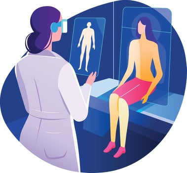 A flat style illustration of a virtual doctor checking patients vector
