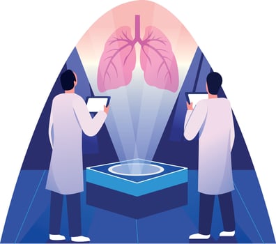 Flat illustration of doctors examining lungs hologram using medical technology vector