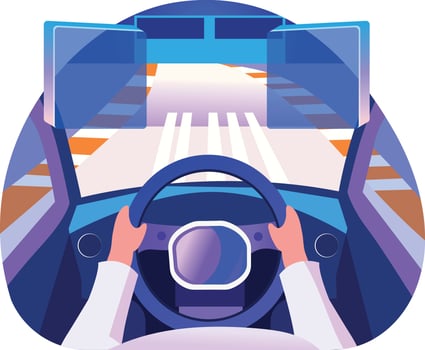 A flat style illustration of hand holding a car steering depicting ar driving vector